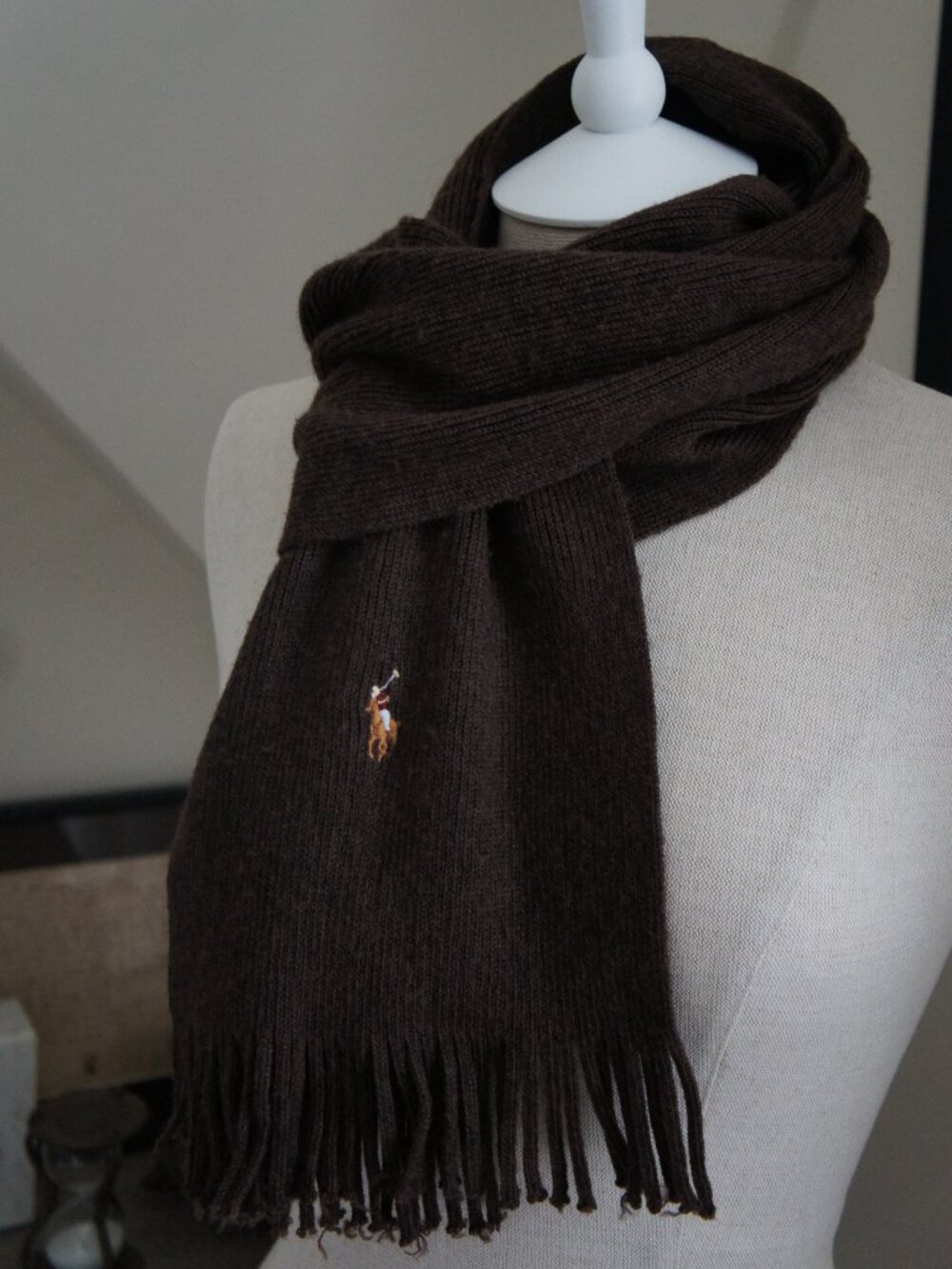Polo Ralph Lauren 90s Vintage 100% Merino Wool Dark Brown Fringe Scarf - Picture 7 of 10